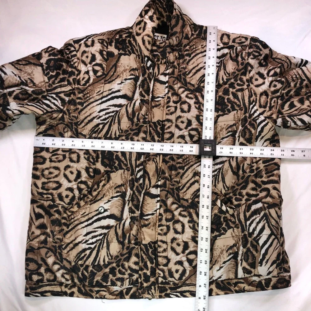 Clio 100% Silk Quilted Jacket Womens L Leopard Tiger Animal Print Brown Puffer